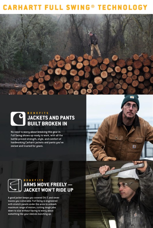 The Full Swing patented technology is offered in several of Carhartt’s outwear styles. © Carhartt