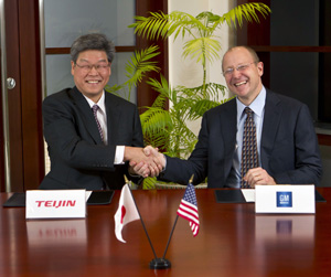 Teijin Limited, a leader in the carbon fibre and composites industry, and General Motors, announce an agreement to co-develop technology to reduce vehicle weight and improve fuel economy Thursday, December 8, 2011 in Detroit, Michigan. Teijin Senior Managing Director Norio Kamei (left) and GM Vice Chairman Steve Girsky shake hands after signing the documents. (Photo by Jeffrey Sauger for General Motors)