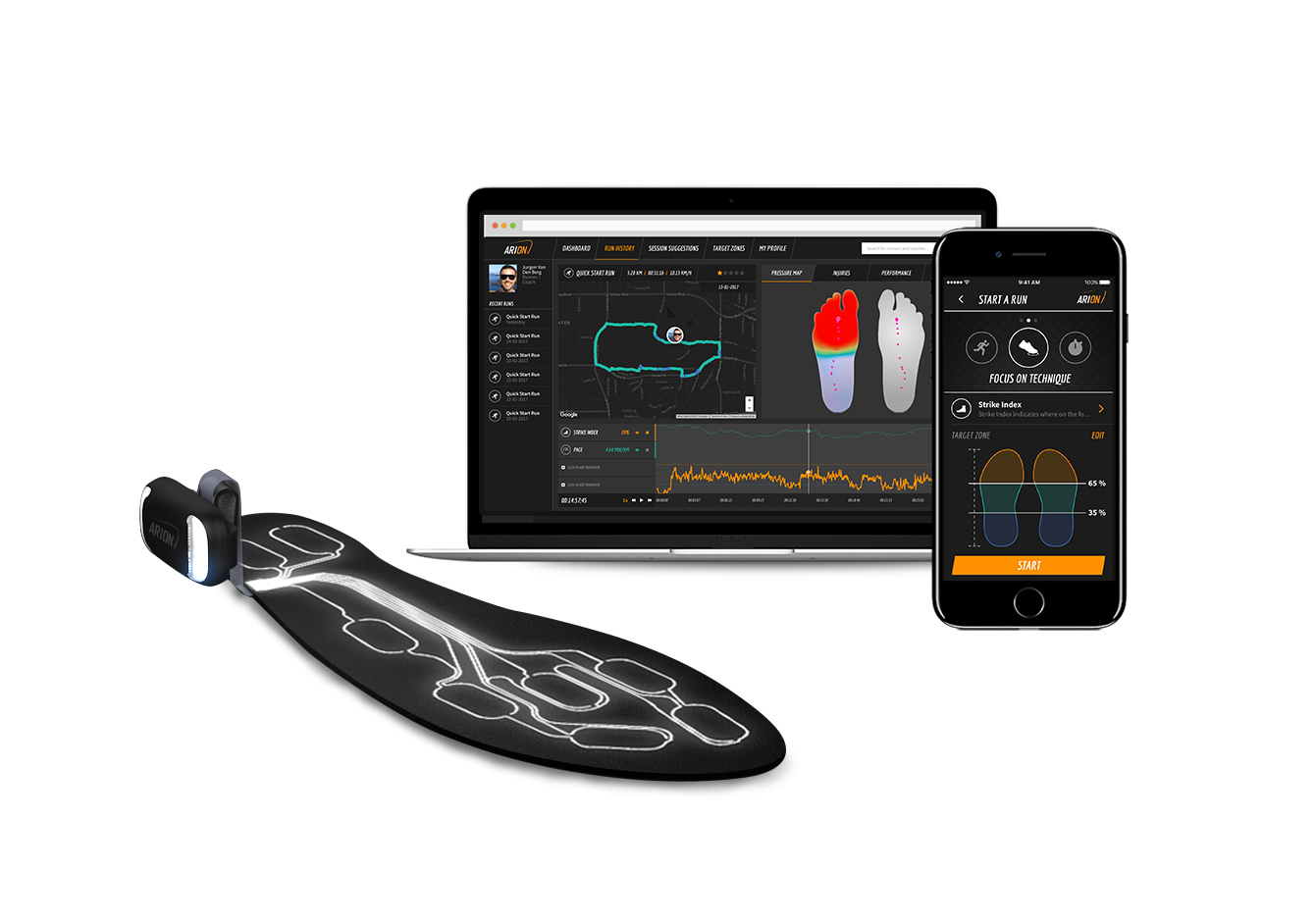 Arion insoles, that have been commercialised by the Dutch company Ato-Gear BV, are flexible and ultra-thin slip and designed to fit neatly under the insoles of running shoes. © Ato-Gear BV.