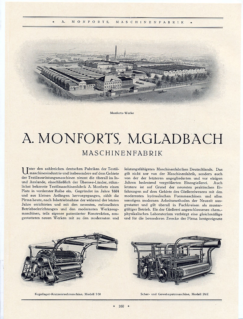 A 1927 advertisement for Monforts with the raising machine depicted bottom left. © Monforts.