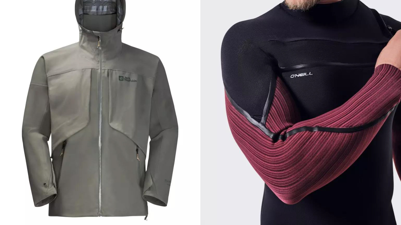 Jack Wolfskin’s Diskovera Jacket 3L and the Hyperfreak Fire wetsuit from O’Neill. © ISPO