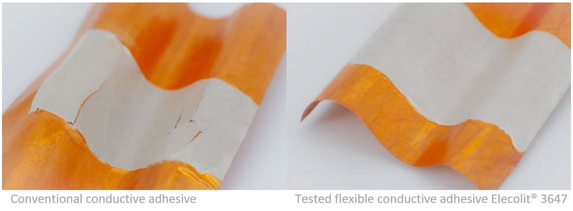 Figure 3: Comparison of bent foils with brittle and flexible electrically conductive adhesives. © Panacol