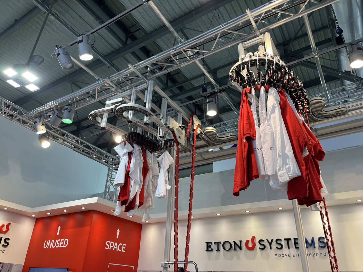 Eton Systems overhead garment automation demonstrated at the show. © Eton Systems