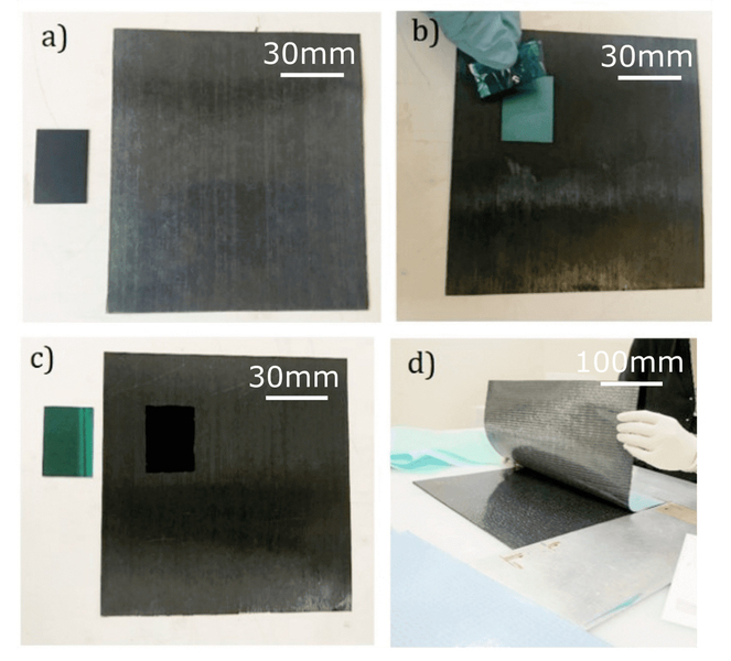 Nanostitching involves growing a forest of vertically aligned carbon nanotubes on a wafer of silicon, through chemical vapour deposition. The CNT-deposited wafer (to the left in grid a) is then inverted and pressed onto a larger composite ply (b), and lifted away, leaving the CNTs on the composite’s surface (c). © MIT