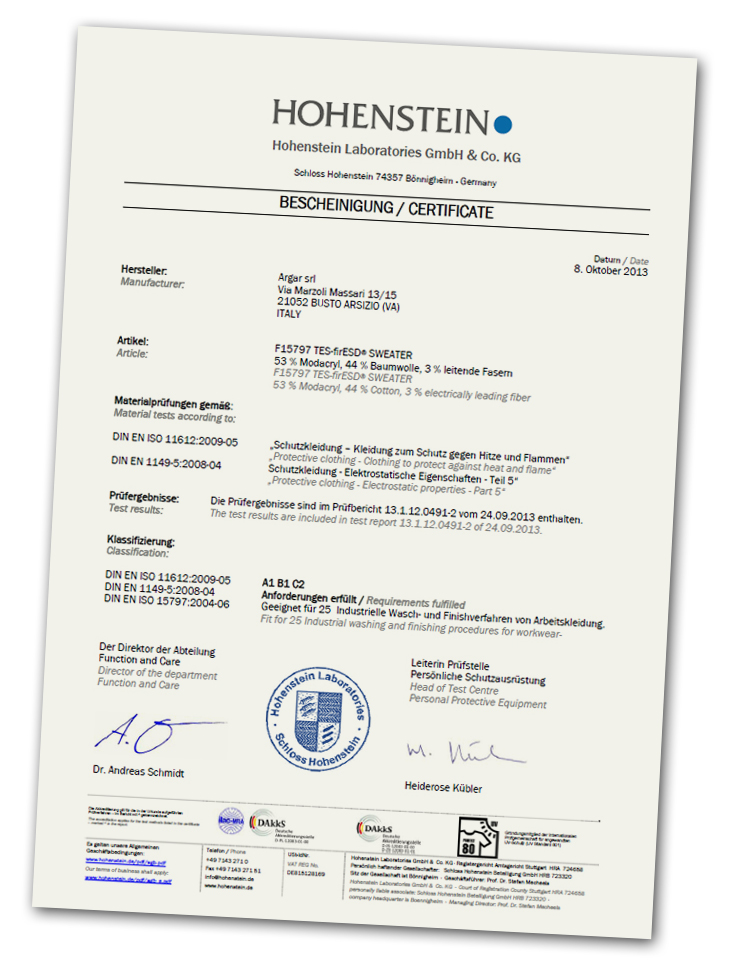 Hohenstein Certificate for Argar Technology