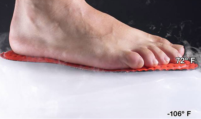Standing barefoot on dry ice. Due to it’s remarkable properties (no loss of thermal protection under compression) Aerotherm is extremely effective in foot beds and insoles. Image © Aerogel Technologies Inc.