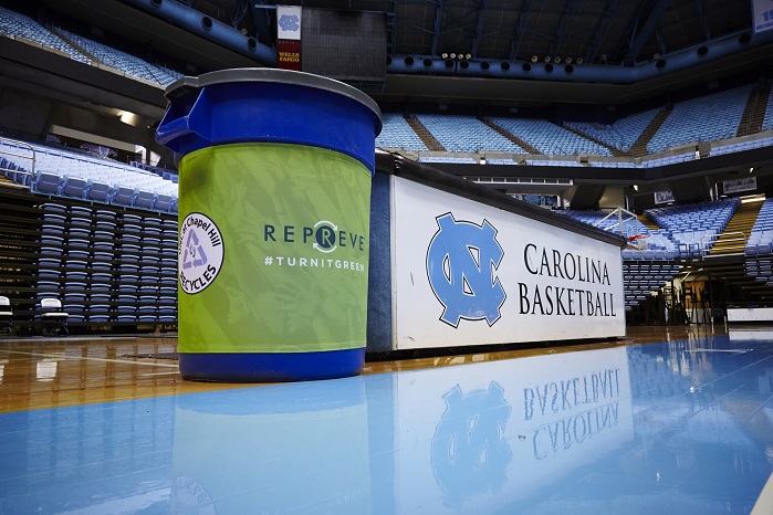 To show its commitment to sustainability and recycling, UNC will turn the Dean E. Smith Center green on 3 December through various activities, including the addition of 50 Repreve wrapped recycling bins in the Smith Center. © Unifi / Repreve