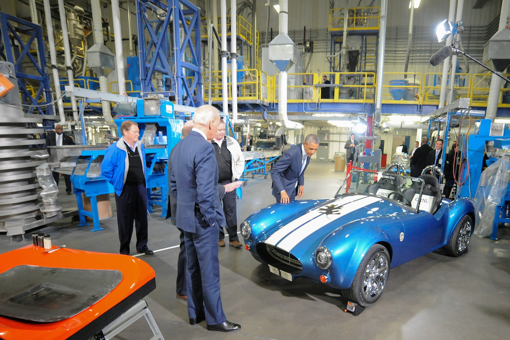 US President Barack Obama visited the Clinton, TN, based Techmer PM, LLC, manufacturing site in January, where the Shelby 3D replica was exhibited. © ORNL / Randy Sartin Photography