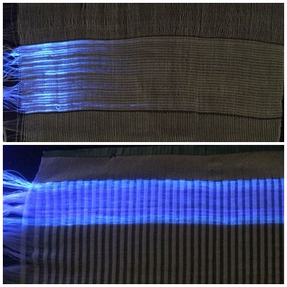 Depending on the weaving process, the light from the optical fibers penetrates the fabric differently. A satin fabric (below), where the threads cross as seldom as possible, clearly "out-shines" a simple linen fabric (above). © Empa