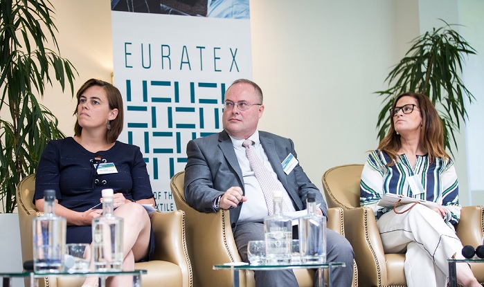 Guest speakers from Panel 2: Anneleen De Smet (Beaulieu International Group, Belgium), Jean-Luc Barbarin (Innothera, France) and Elsa Parente (ValÃ©rius, Portugal). © Euratex