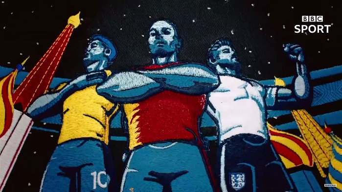 The video was animated on computer, and then each of the 600 frames machine stitched at the London Embroidery Studio. © BBC Sport 