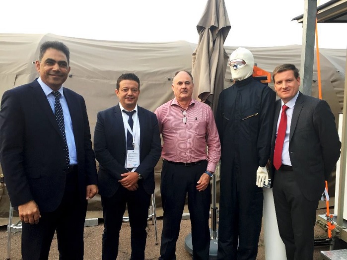 Ajen Maharaj (DuPont), Maher Emil (DuPont), Dicky Coetzee (Gelvenor) and Rodolphe Besnard (DuPont) introducing Nomex garments to market at the AAD exhibition. © Gelvenor Textiles
