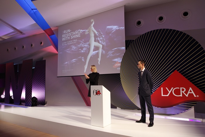 Marie Braun and Alberto Ceria presenting Lycra Fusion True to You technology. © 2018 Invista