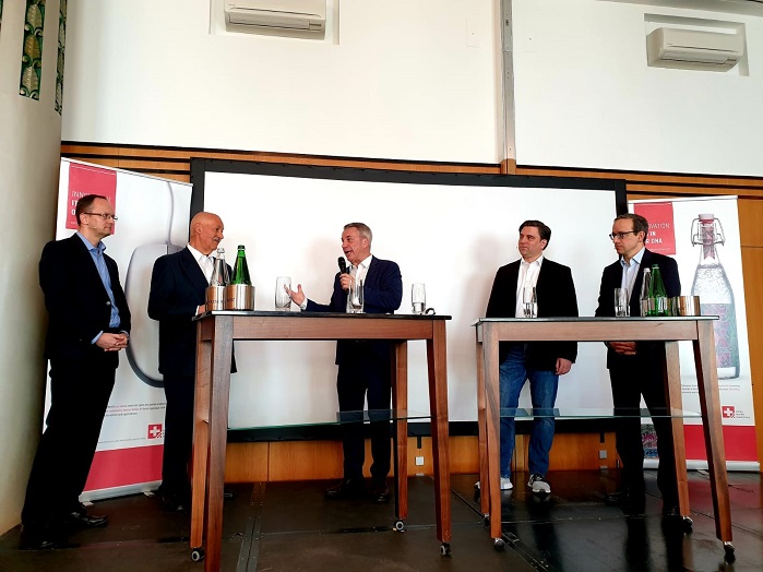 Pictured from the left in Lucerne: RenÃ© Rossi, head of the Laboratory for Biomimetic Membranes and Textiles at Empa, Ernesto Maurer, Swissmem textile machinery president, moderator Reto Lipp, Jan Smit, co-founder of Cognitive Solutions and ITMF director general Christian Schindler. © James Mason