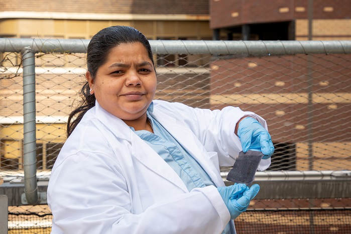 Dr Litty Thekkakara, RMIT researcher and co-developer of new technology for rapidly fabricating textiles embedded with energy storage devices. © RMIT University