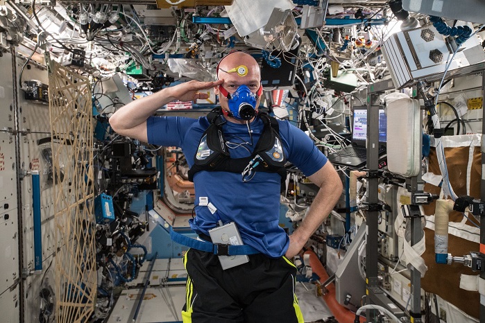 In his twitter feed from ISS Dr Gerst wrote “Sweating for science. You can probably tell that SpaceTex & Metabolic Space are some of my favourite experiments. In any case, they will help a lot of people on Earth stay healthy.” © Hohenstein Institute