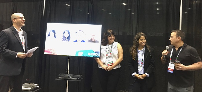 From left to right: The e–textile chair Chris Jorgensen, IPC, Stephanie Rodgers, of Apex Mills, Anjali Khemani, of Propel LLC, and Matt Kolmes, of Supreme Corporation. © Marie O’Mahony