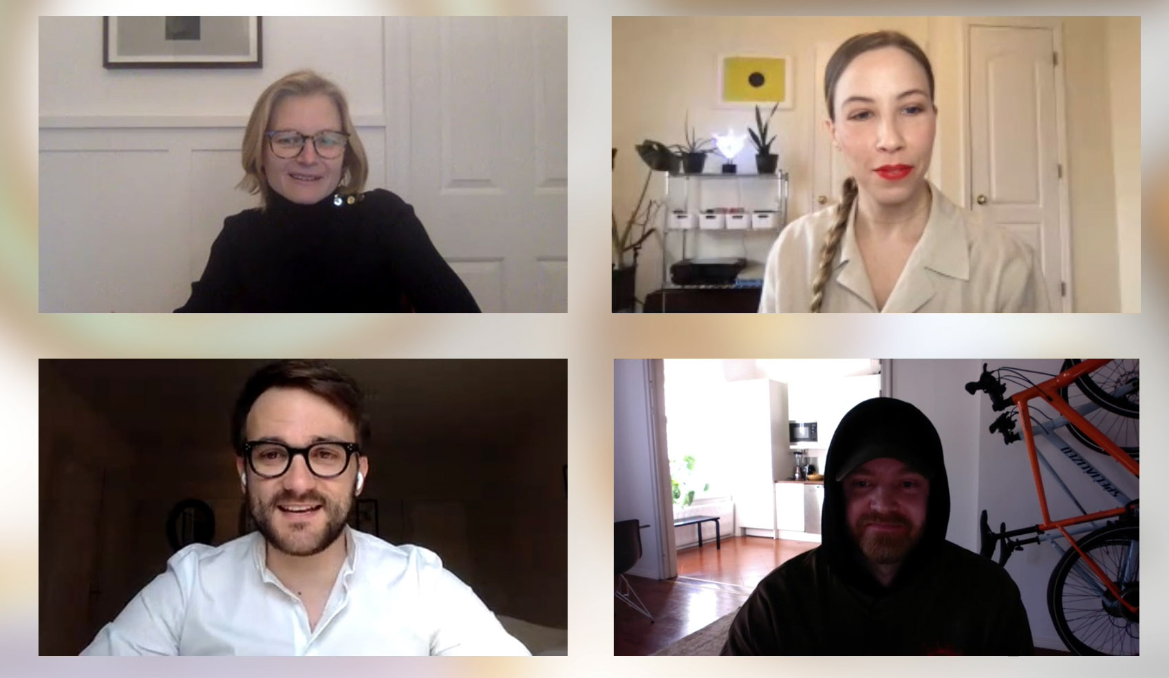 Pictured during the webinar discussion are (clockwise from top left): Caroline Brown, managing director of Closed Loop Partners, Rachel Kibbe, CEO of Circular Services Group, fashion designer Rolf Ekroth, Francois Souchet of The Ellen MacArthur Foundation. 