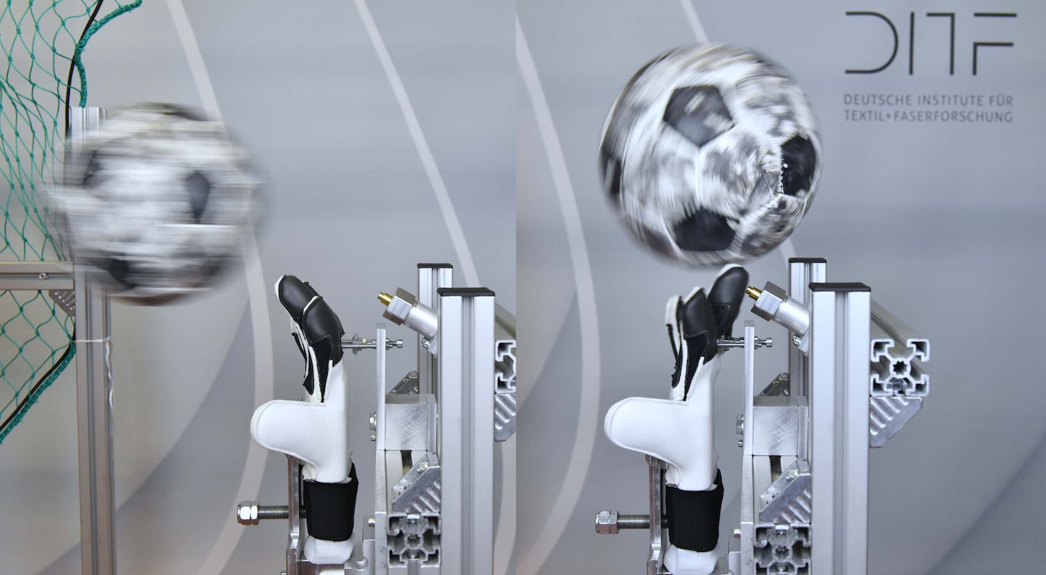 The test bench testing ball cannon shots at 20-120 kmh for the new goalkeeper’s glove developed by the German Institutes of Textile and Fiber Research Denkendorf (DITF) and project partner T1TAN GmbH. © DITF