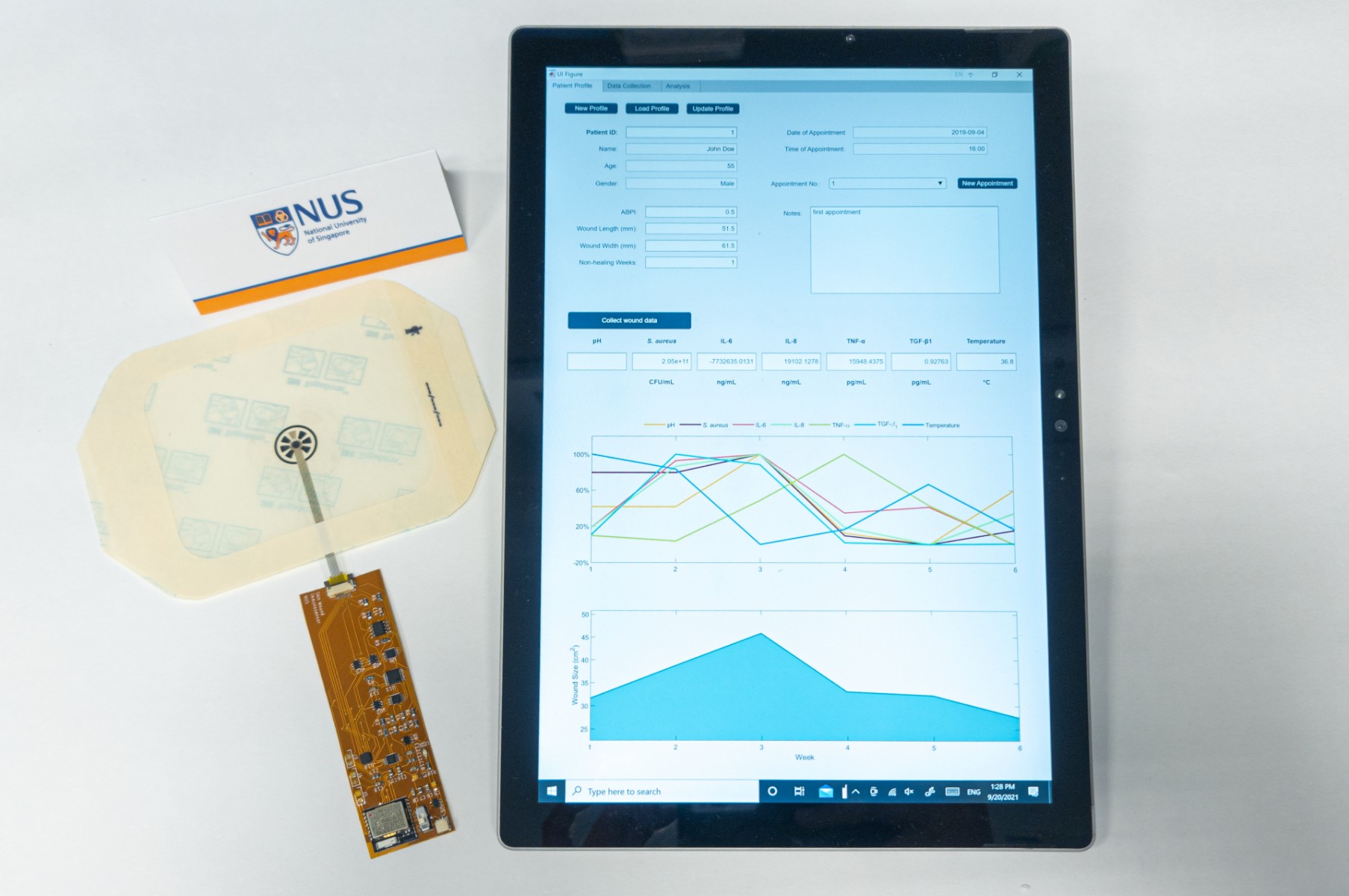 The VeCare platform comprises (clockwise from bottom left) a chip, wound sensor, bandage and app for real-time, point-of-care chronic wound monitoring. © National University of Singapore