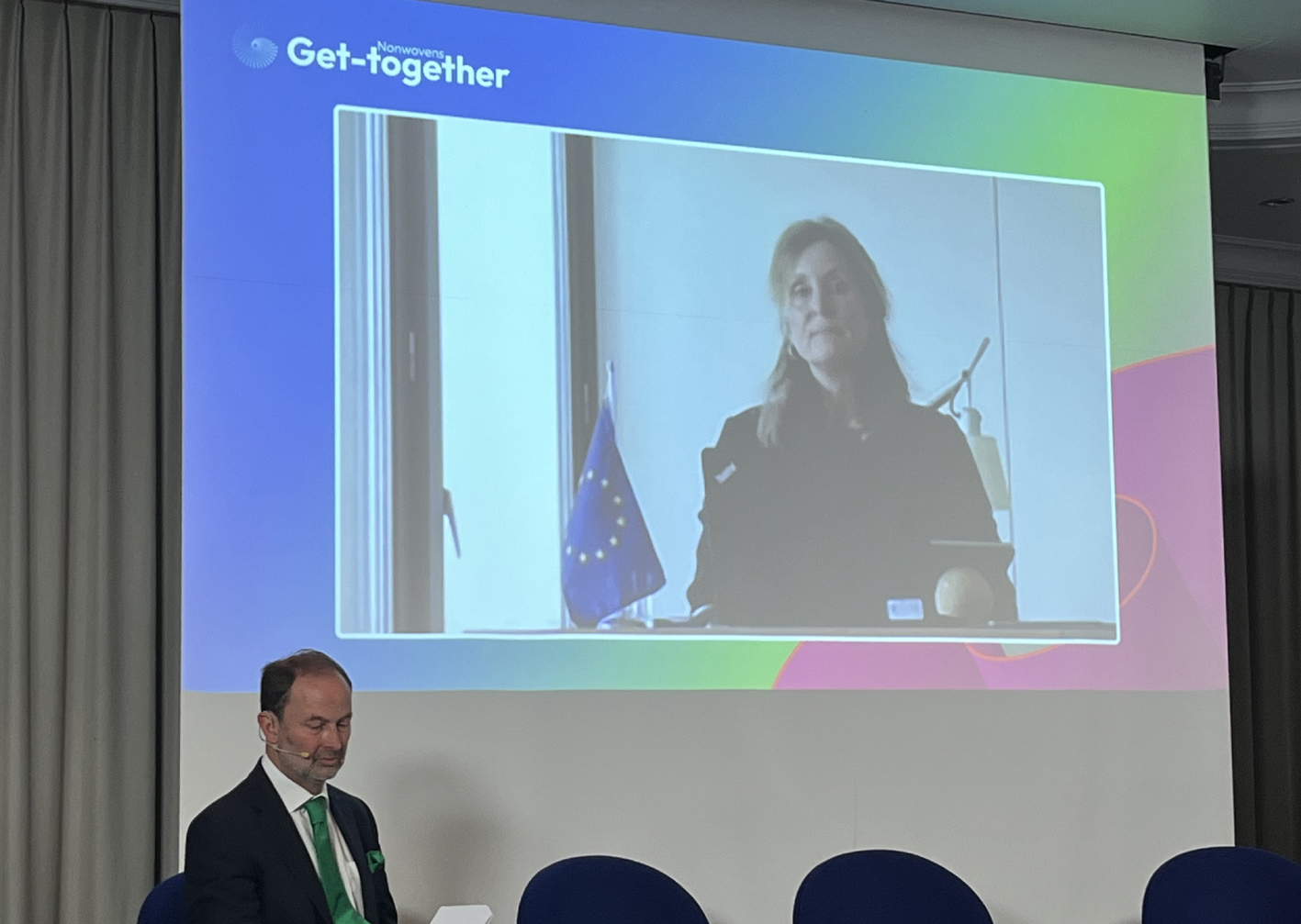 Kerstin Jorna, the European Commission’s Director General for Internal Market Industry, Entrepreneurship and SMEs in conversation via videolink with EDANA’s secretary general Pierre Wiertz. © A.Wilson