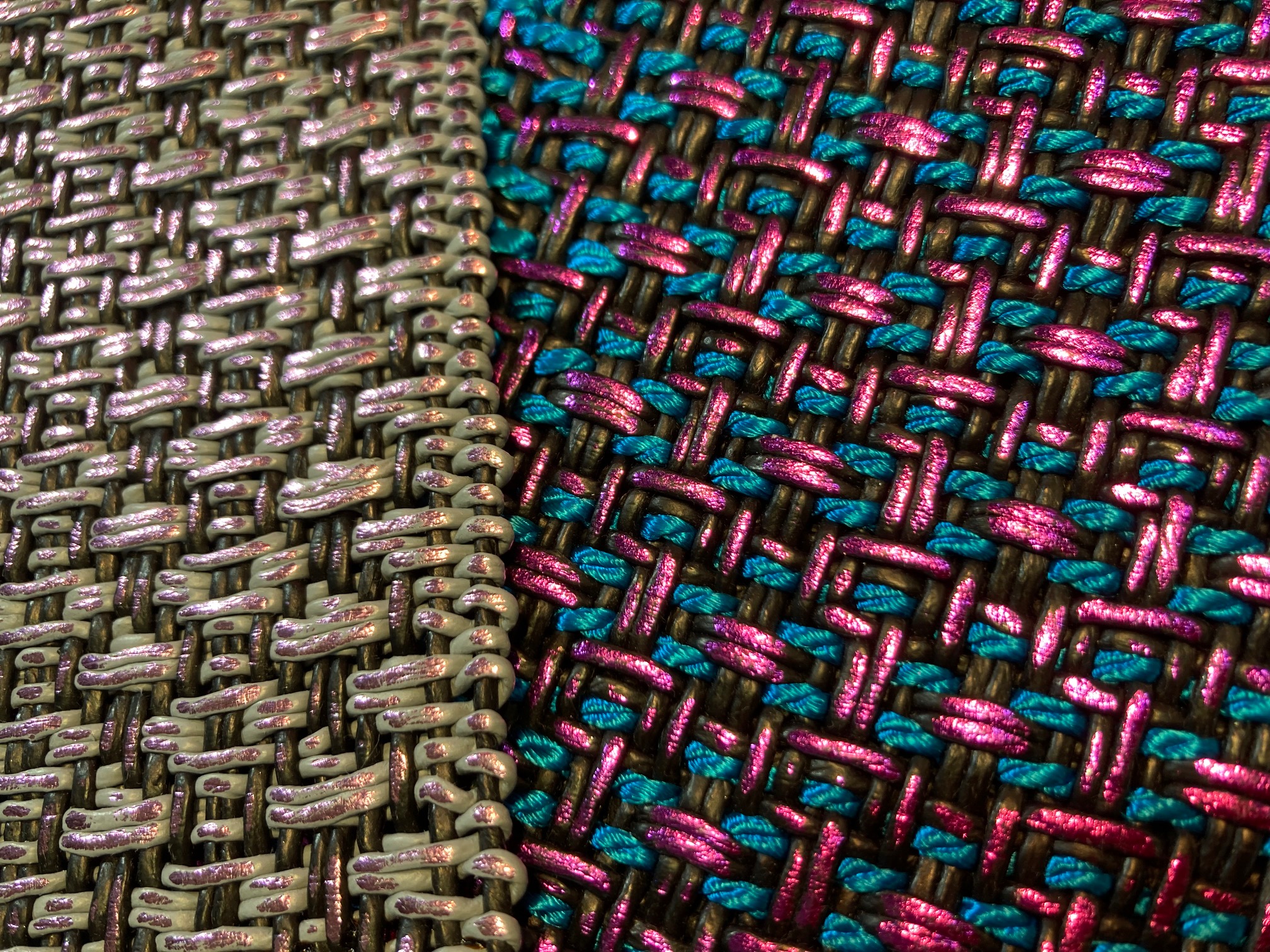 Foil-coated synthetic (pink/blue) fabric from Héléne Dashorst. © Marie O’Mahony