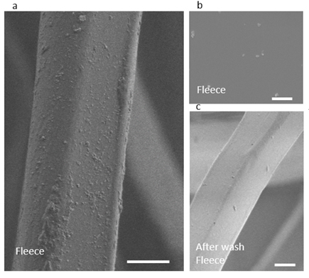 The nanoparticles on the surface of the fleece fibre are visible under a scanning electron microscope. The particles detach during washing so that after four washes there are hardly any left.© Empa