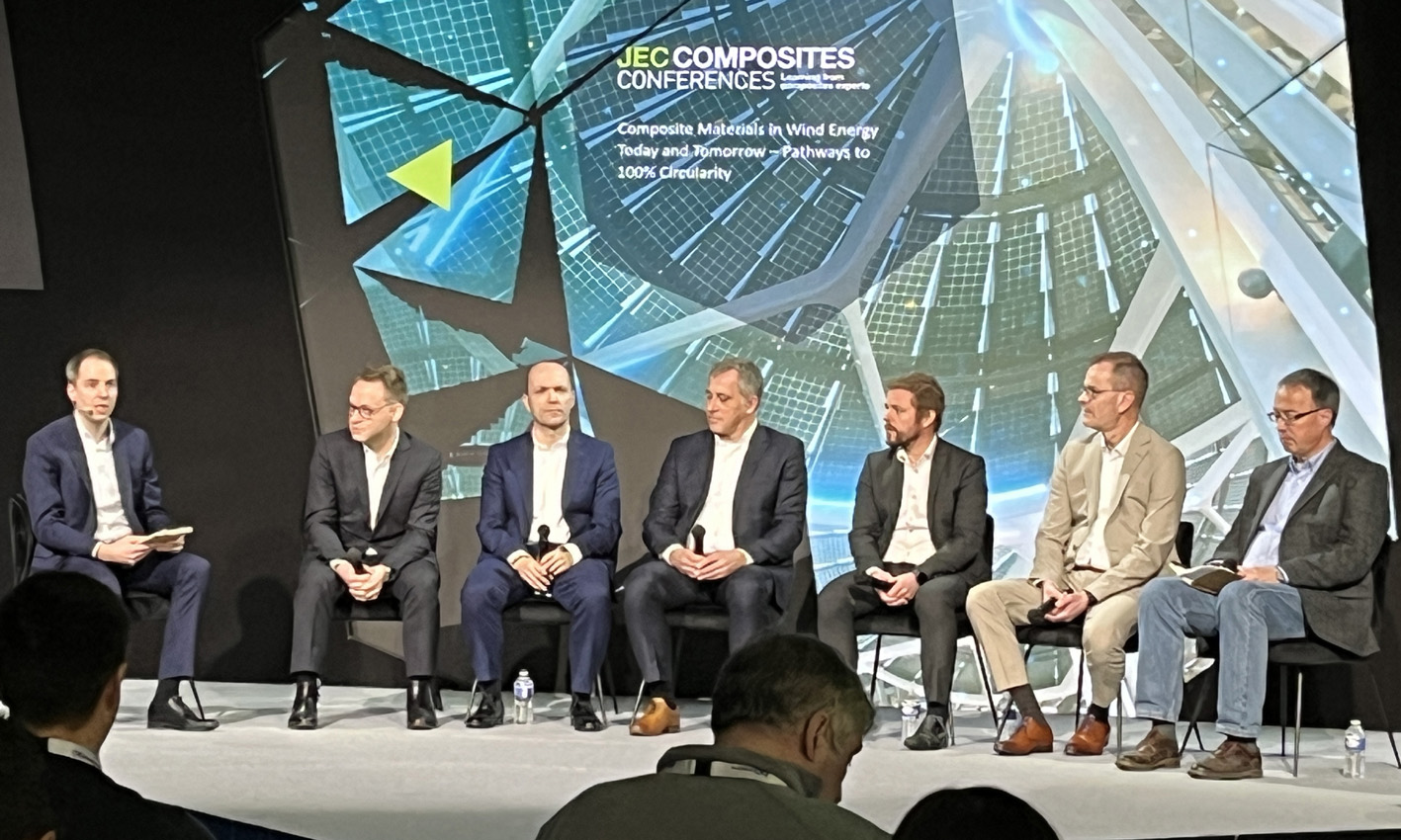 Pictured in Paris (left to right) are Alexander Vendenberghe (WindEurope), Mathieu Cariou (Gurit), Guillaume Cledat (Arkema) Leif Ole Meyer (Olin), Allan Poulson (Vestas Wind Systems), Tom Wassenberg (OwensCorning) and Peter Windmoeller (Loesche). © A.Wilson