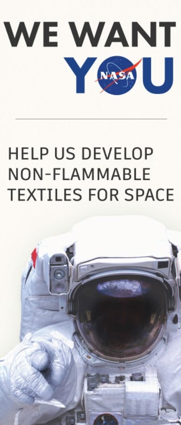 NASA’s call for co-development of new non-flammable textiles for use in the oxygen-enriched space vehicle cabin environment for the Artemis Mission and beyond. © NASA