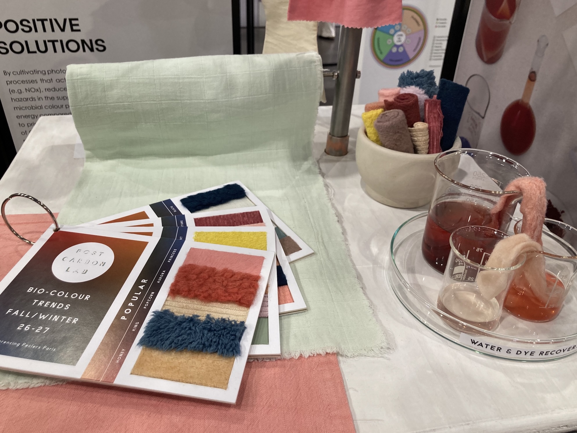 Post Carbon Lab bio-based colouration samples at Future Fabrics Expo 2025. © Anne Prahl