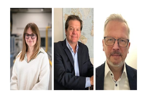 Pictured (left to right) are: Monforts technologist Saskia Kuhlen, Rick Stanford, vice president of business development for textiles at BW Converting and Michael Schuhmann, global marketing segment manager for technical textiles at Archroma Textile Effects. © Monforts