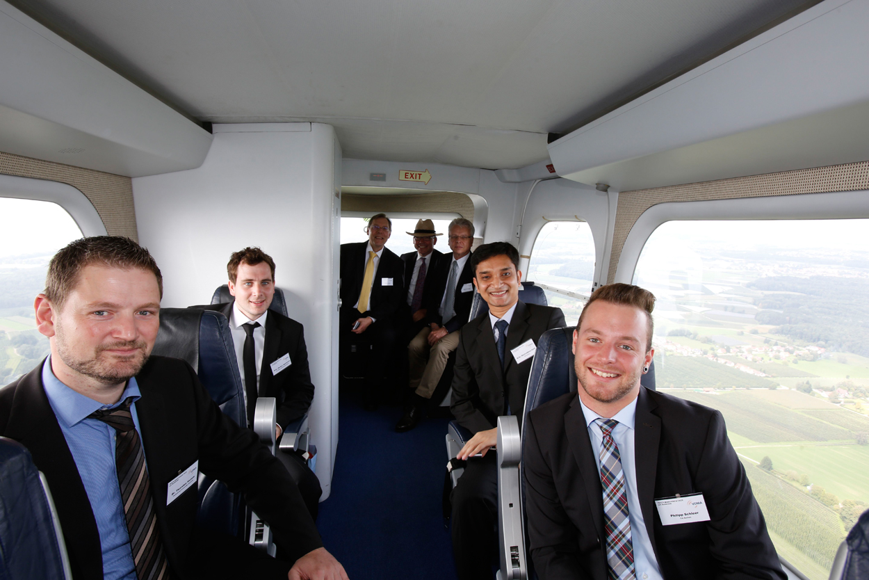 In the Zeppelin: Left side in front: Dr Thorsten Heinze, behind: Markus Appelmann Right side in front: Philipp Schleer, behind: Moniruddoza Ashir. Row behind (from left to right): Board of the foundation: Stefan KroÃŸ, Peter D. Dornier, Roland Hampel. © VDMA