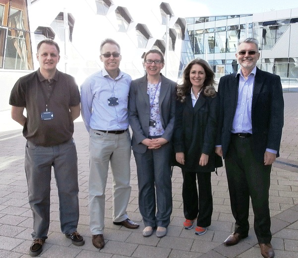 KTP Smart Textiles Project team (left to right): John Graves and Andrew Cobley (Coventry University); Kathryn Wills (KTP Associate); Roya Ashayer-Soltani and Chris Hunt (NPL) © National Physical Laboratory 
