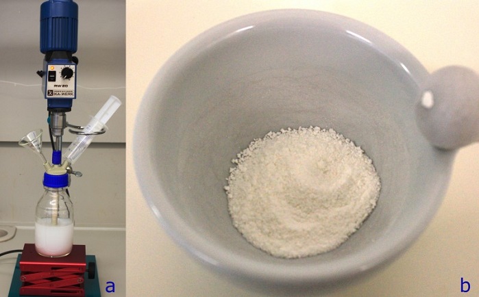 Producing an SA/TSA colloidal complex: a) Stage 2 (adding drops of CaCl2 solution) b) Isolated SA/TSA (1:10) filtrate. © Hohenstein Institute