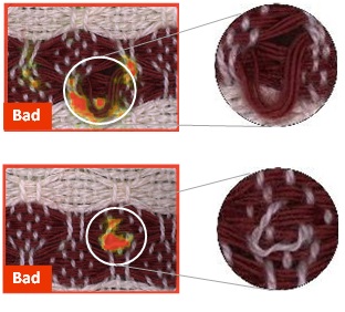 During the inspection phase, the red tool reports defective areas of the fabric like the ones shown at the right:  knitting loops in warp and weft.