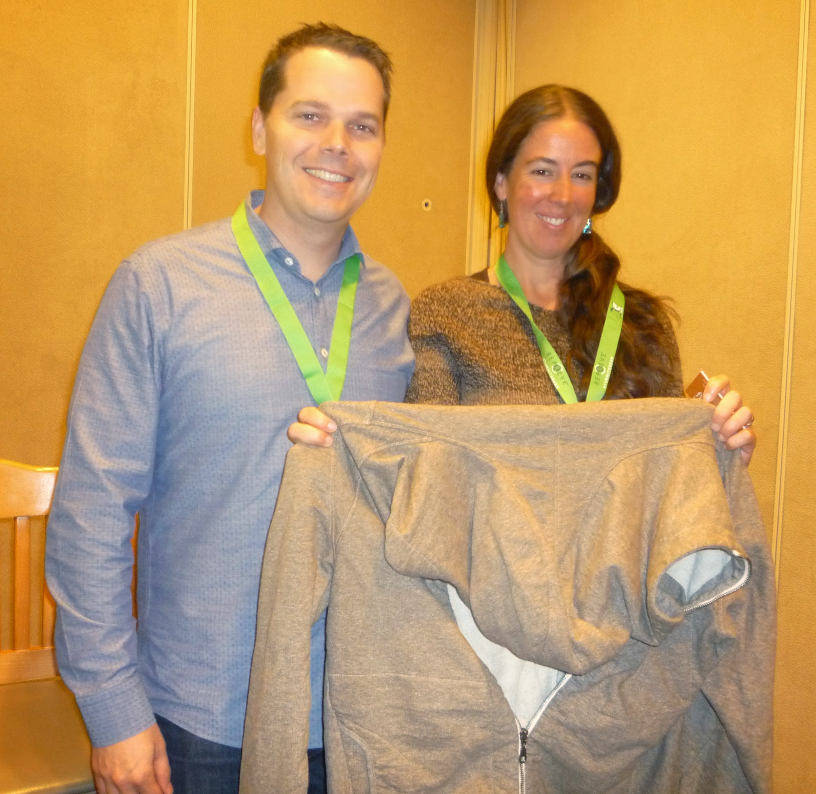 Adam Mott, The North Face, and Rebecca Burgess, Fibershed, with the Backyard Project hoodie. © Debra Cobb