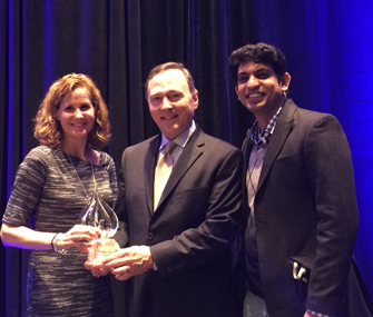 Lynda Kelly, Senior Vice President, Care Business, and Avinav Nandgaonkar, PhD, Product Development Engineer from Suominen accept the prestigious RISE Durable Product Award for Fibrella Lite, a nonwoven product for absorbent hygiene products.  Dave Rousse, INDA President (centre). © INDA