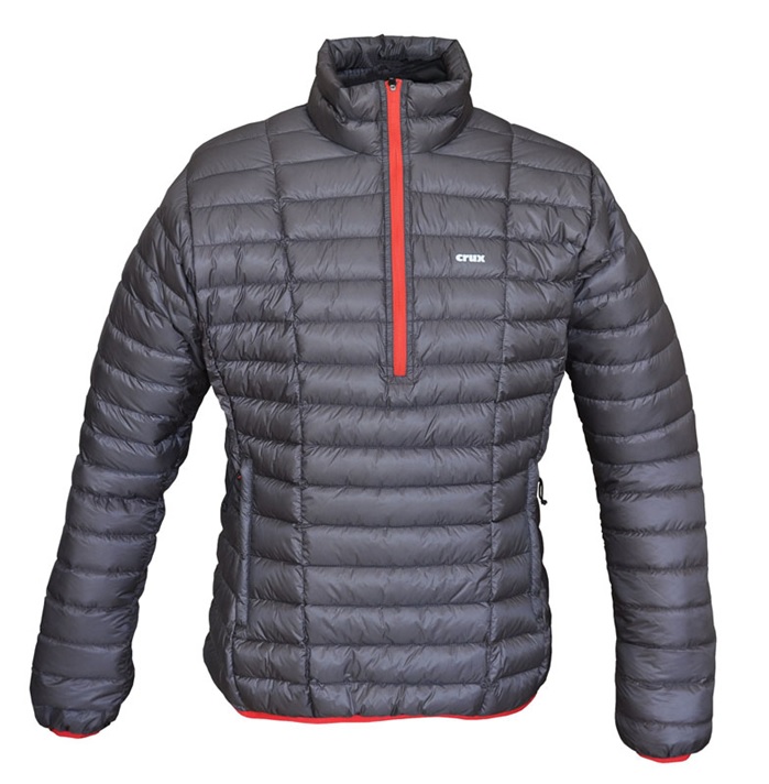 Crux Turbo Top ultralight down half-zip style with kangaroo pocket and self-stowing. © Pertex