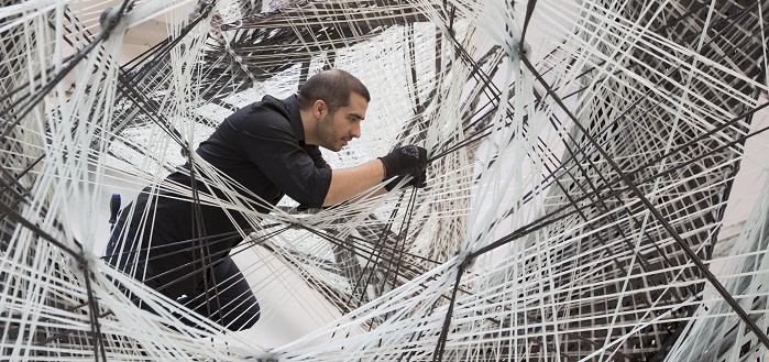 Close up view of Elytra Filament Pavilion - glass and carbon fibre cells. © ICD/ITKE University of Stuttgart/Victoria & Albert Museum