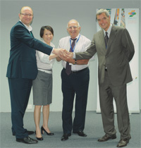 Announcing the first World Textile Summit (from left to right):  Mark Jarvis, managing director of World Textile Information Network  (WTiN); Sylvia Phua, chief executive officer of MP International; Halit  Narin, president of International Textile Manufacturers Federation  (ITMF); and Stephen Combes, vice-president of CEMATEX