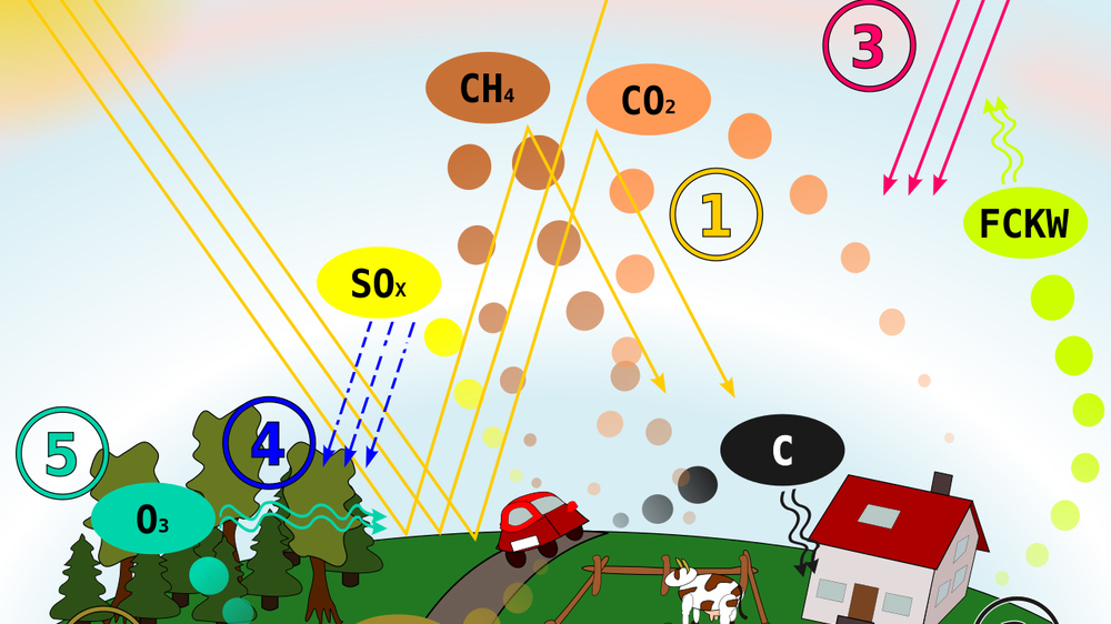 Schematic of the causes and effects of air pollution: (1) greenhouse effect, (2) particulate contamination, (3) increased UV radiation, (4) acid rain, (5) increased ground level ozone concentration, (6) increased levels of nitrogen oxides. © Chris, Wikipedia