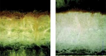 Bag filters after useage (Left - conventional bag filter. Right - Nanofront bag filter)