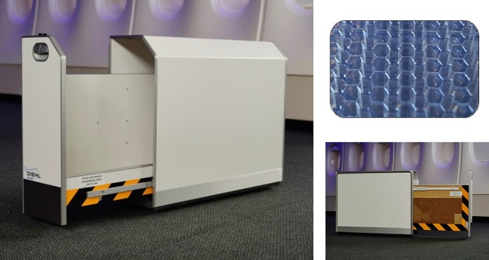 A lightweight composite aircraft interior module, co-developed by Diehl Aircabin and EconCore, which uses thermoplastic honeycomb cores for strength, low weight, and high fire resistance, will be on display in the Innovation Planets area at JEC World. © EconCore