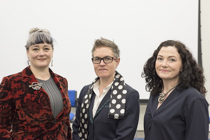 Keynote speaker Jenny Sabin (centre) with conference co-organisers Joanne Harris (left) and Jo Conlon (right). © University of Huddersfield