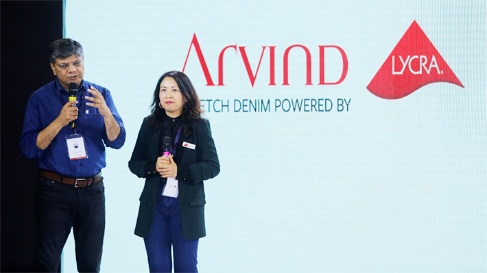 Aamir Akhtar, Arvind CEO, Lifestyle Fabrics – Denim and Rebecca Li, Invista Apparel Commercial Director, Rest of Asia introducing the Festive 2018 event in Mumbai, March 2018. © Invista/Arvind