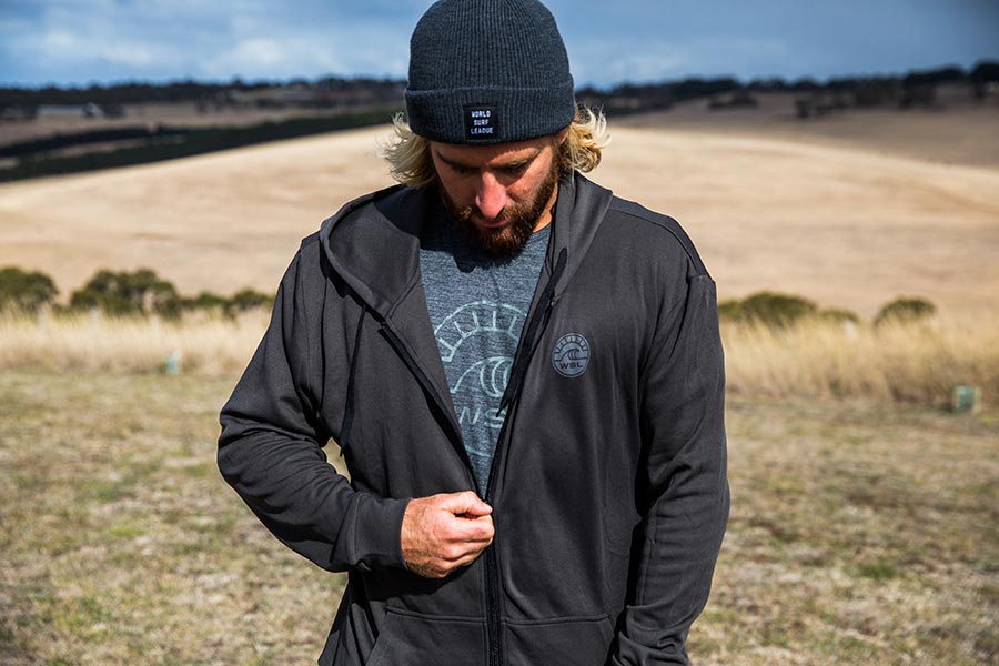 Surfer Wade Carmichael in WSL's new Merino wool apparel. © The Woolmark Company