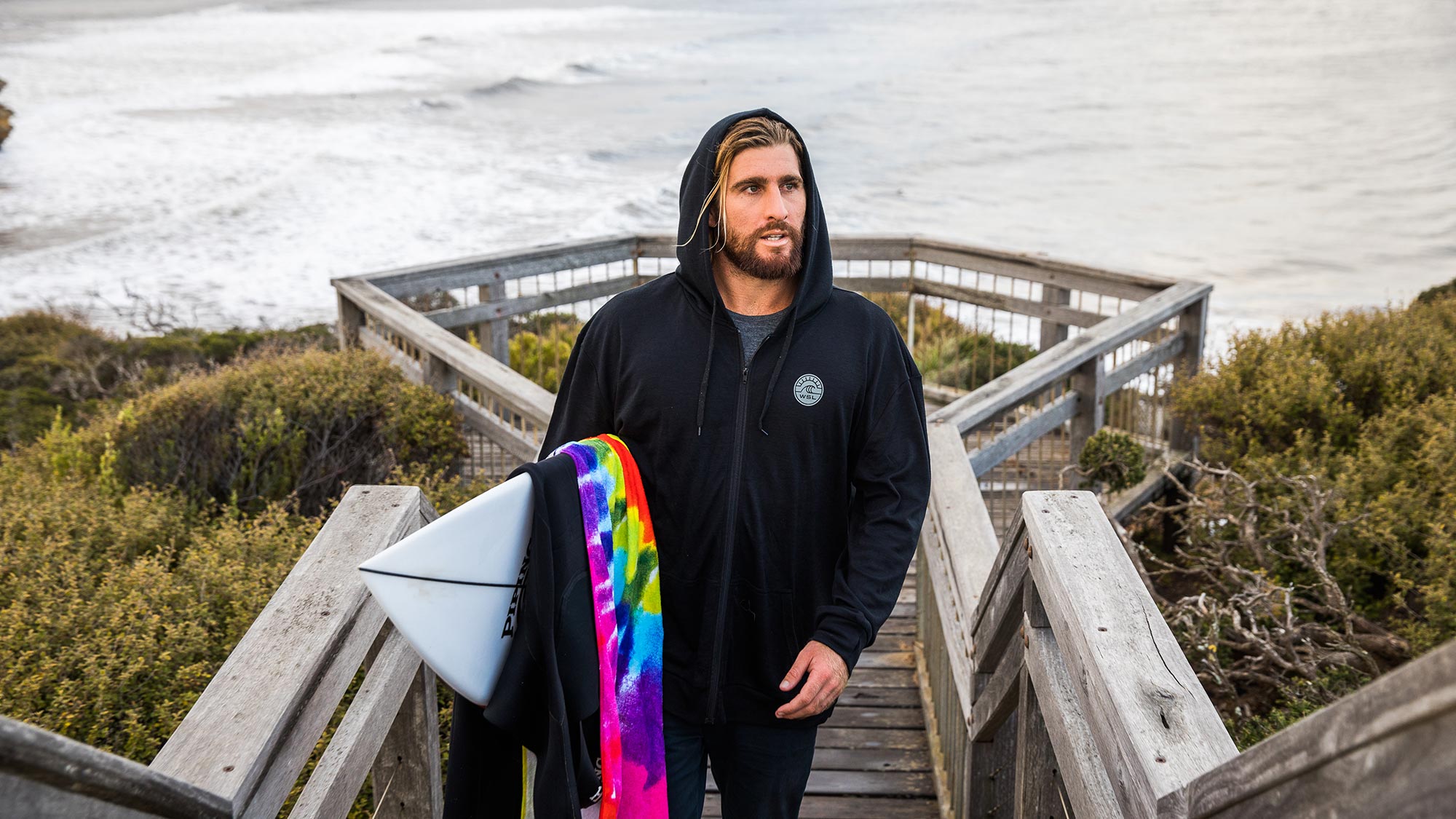 Surfer Wade Carmichael in WSL's new Merino wool apparel. © The Woolmark Company
