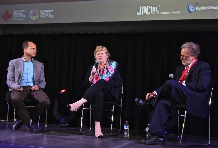 Julia Hughes, President of USFIA at a panel discussion with Bob Kirke, Executive Director, Canadian Apparel Federation (right). © Marie O’Mahony