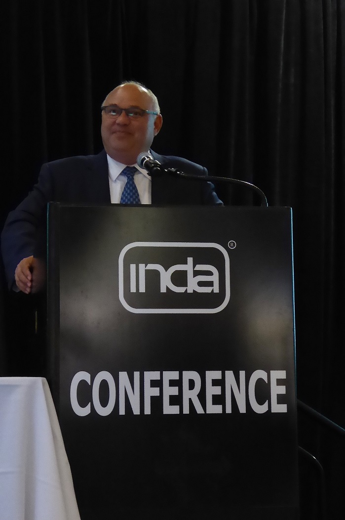 Mark Vitner, Managing Director and Senior Economist at Wells Fargo at the INDA’s RISE2018 conference delivering a positive message on trade to the nonwovens industry. © Marie O’Mahony