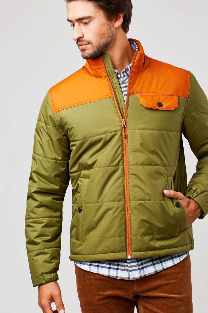 Bison Puffer Jacket features a YKK zipper with internal storm flap, fleece-lined pockets, elastic sleeve cuff, and drawcords at the hem. © United By Blue 